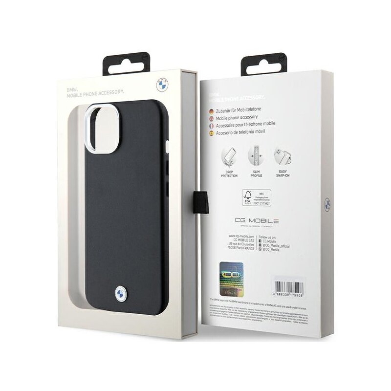 Husa BMW iPhone 15 Plus Leather Signature Wrapped Metal MagSafe, negru, BMHMP15M23PUFWK