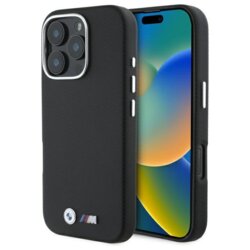 Husa BMW iPhone 16 Pro Leather M Edition Kevlar wrapped metal, negru, BMHCP16L23PUFWKEV