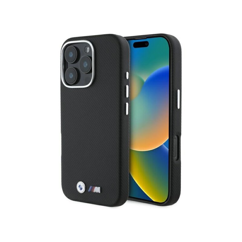 Husa BMW iPhone 16 Pro Leather M Edition Kevlar wrapped metal, negru, BMHCP16L23PUFWKEV