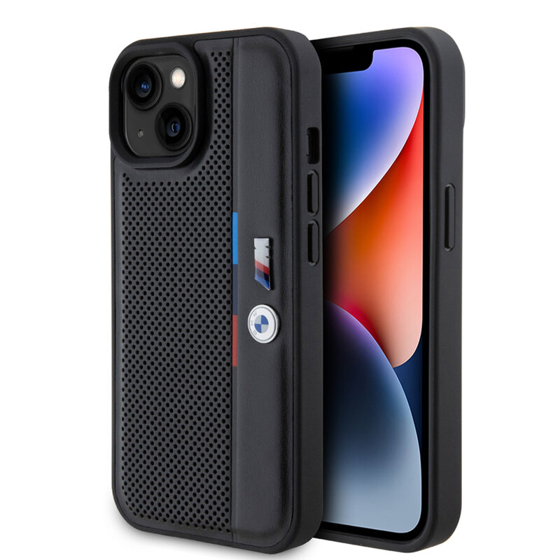 Husa BMW iPhone 15 Plus Hardcase Perforated Tricolor Line, negru, BMHCP15M23PUPVK