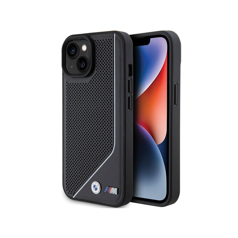 Husa BMW iPhone 15 Hardcase Perforated Twisted Line MagSafe, negru, BMHMP15S23PUCPK