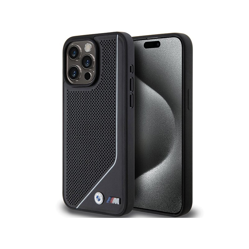 Husa BMW iPhone 15 Pro Hardcase Perforated Twisted Line MagSafe, negru, BMHMP15L23PUCPK