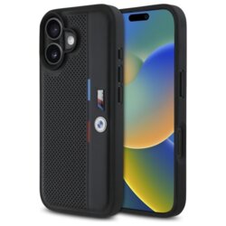 Husa BMW iPhone 16 Hardcase M Perforated Tricolor Detail Line, negru, BMHCP16S23PUPVK