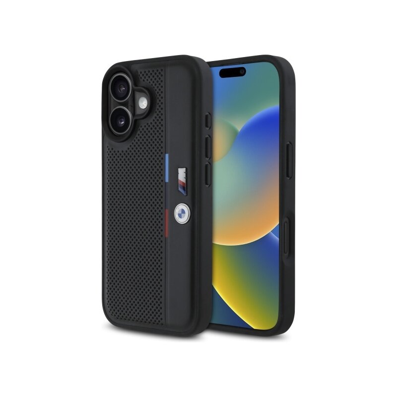 Husa BMW iPhone 16 Hardcase M Perforated Tricolor Detail Line, negru, BMHCP16S23PUPVK