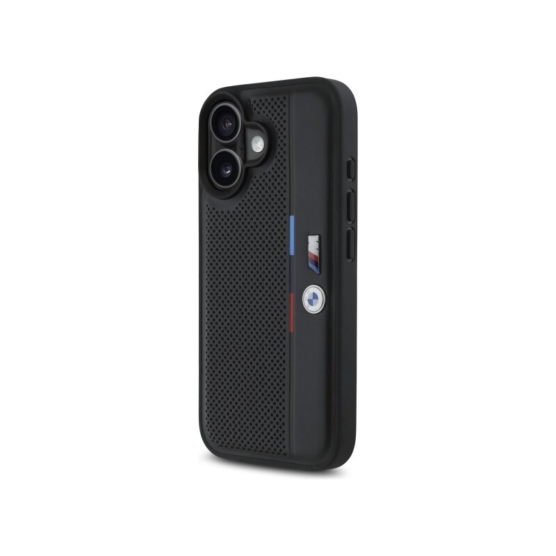 Husa BMW iPhone 16 Hardcase M Perforated Tricolor Detail Line, negru, BMHCP16S23PUPVK