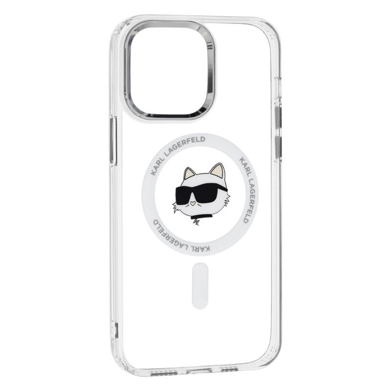Husa iPhone 14 Pro Max Karl Lagerfeld IML MagSafe, Metal Choupette`s Head, alb, KLHMP14XHLSCHH