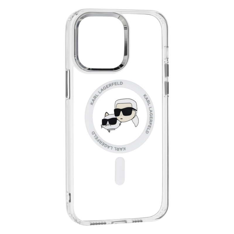 Husa iPhone 14 Pro Max Karl Lagerfeld IML MagSafe, Metal Karl&Choupette Head, alb, KLHMP14XHLSKCH