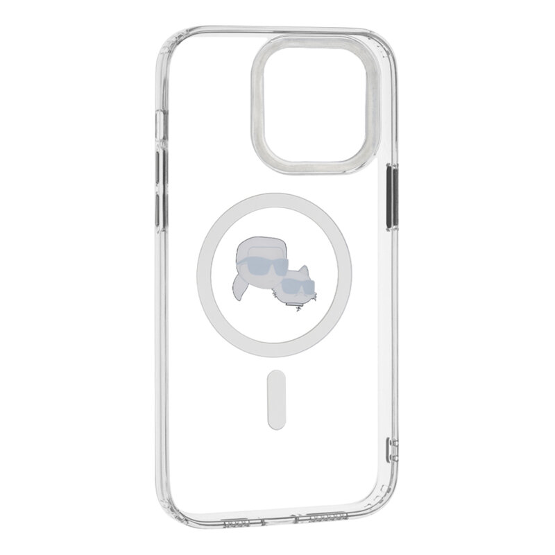 Husa iPhone 14 Pro Max Karl Lagerfeld IML MagSafe, Metal Karl&Choupette Head, alb, KLHMP14XHLSKCH