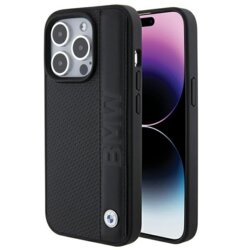 Husa BMW iPhone 15 Pro Natural Leather Textured & Stripe, negru, BMHCP15L22RDPK