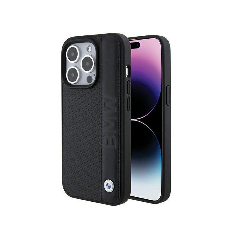 Husa BMW iPhone 15 Pro Natural Leather Textured & Stripe, negru, BMHCP15L22RDPK