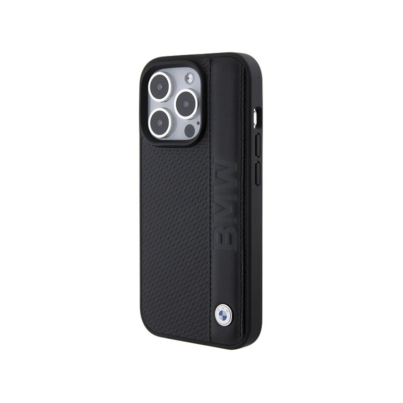 Husa BMW iPhone 15 Pro Natural Leather Textured & Stripe, negru, BMHCP15L22RDPK
