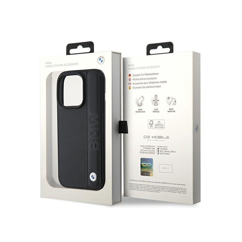 Husa BMW iPhone 15 Pro Natural Leather Textured & Stripe, negru, BMHCP15L22RDPK