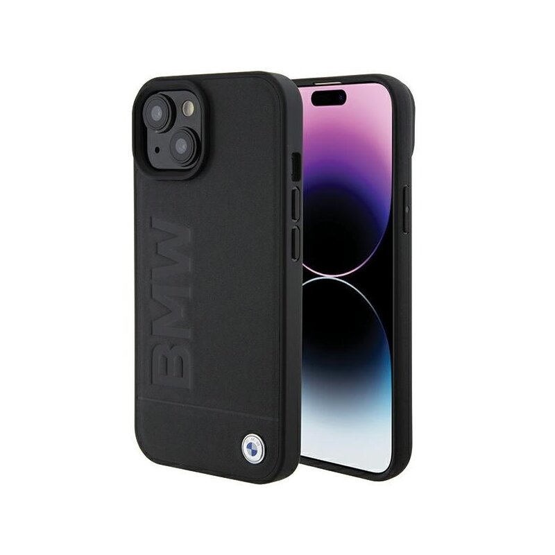 Husa BMW iPhone 15 Plus Natural Leather Hot Stamp, negru, BMHCP15MSLLBK