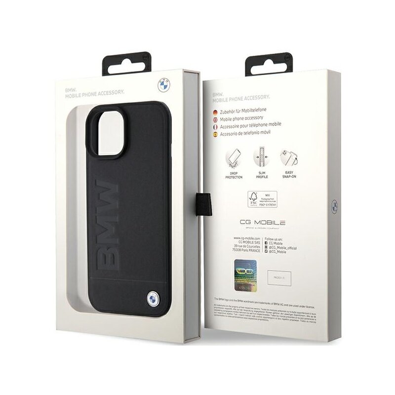 Husa BMW iPhone 15 Plus Natural Leather Hot Stamp, negru, BMHCP15MSLLBK
