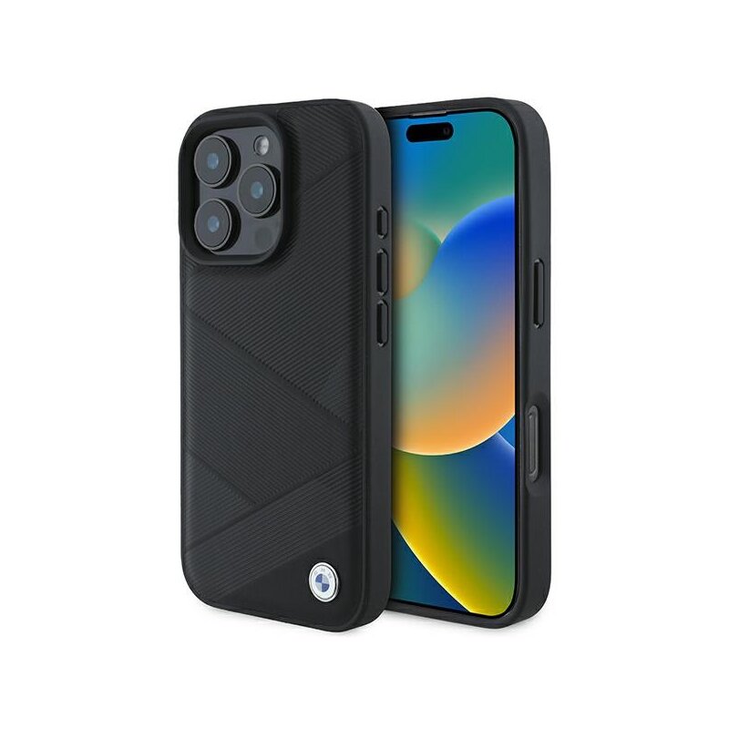 Husa BMW iPhone 16 Pro Natural Sign Leather Crossing Lines Pattern, negru, BMHCP16L23RCGPK