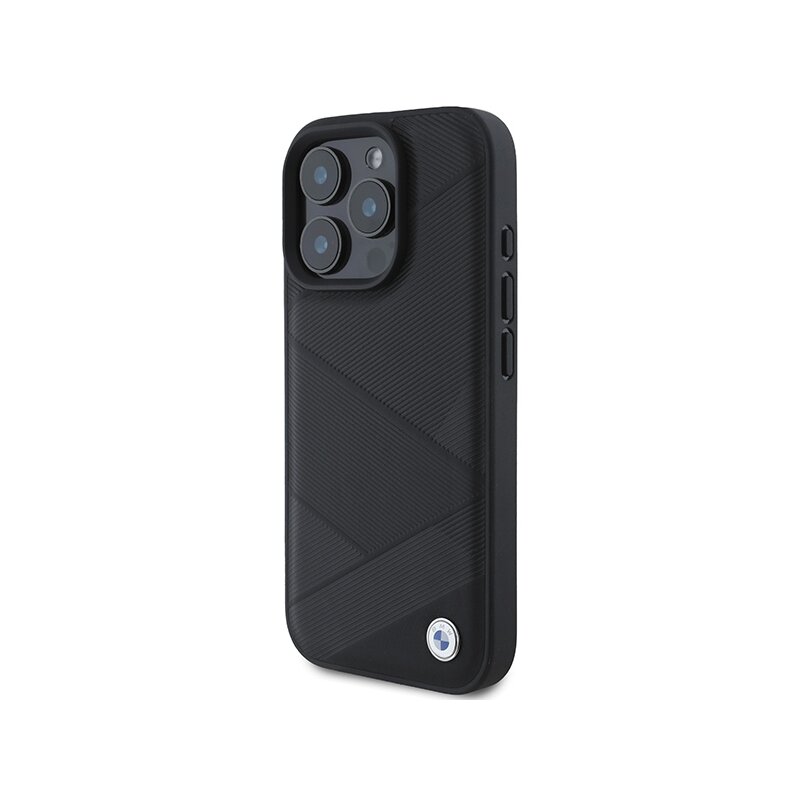 Husa BMW iPhone 16 Pro Natural Sign Leather Crossing Lines Pattern, negru, BMHCP16L23RCGPK