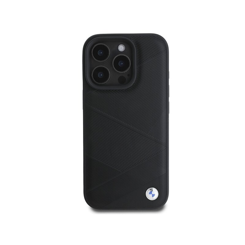 Husa BMW iPhone 16 Pro Natural Sign Leather Crossing Lines Pattern, negru, BMHCP16L23RCGPK