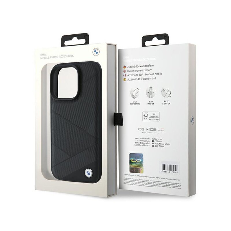 Husa BMW iPhone 16 Pro Natural Sign Leather Crossing Lines Pattern, negru, BMHCP16L23RCGPK