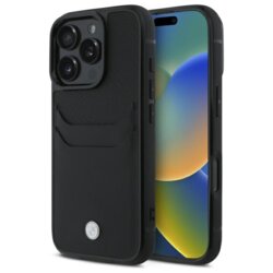 Husa BMW iPhone 16 Pro Max Natural Sign Leather Cardslot, negru, BMHCP16X22RSEPK