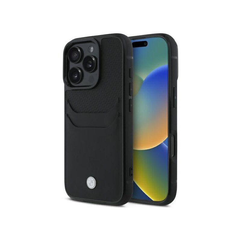 Husa BMW iPhone 16 Pro Max Natural Sign Leather Cardslot, negru, BMHCP16X22RSEPK