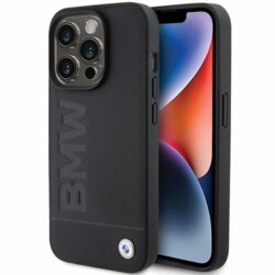 Husa BMW iPhone 15 Pro Natural Leather Hot Stamp, negru, BMHCP15LSLLBK