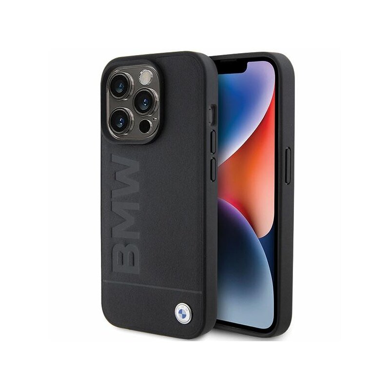 Husa BMW iPhone 15 Pro Natural Leather Hot Stamp, negru, BMHCP15LSLLBK