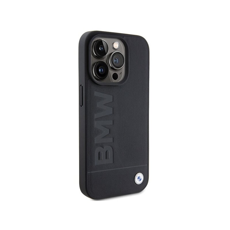 Husa BMW iPhone 15 Pro Natural Leather Hot Stamp, negru, BMHCP15LSLLBK