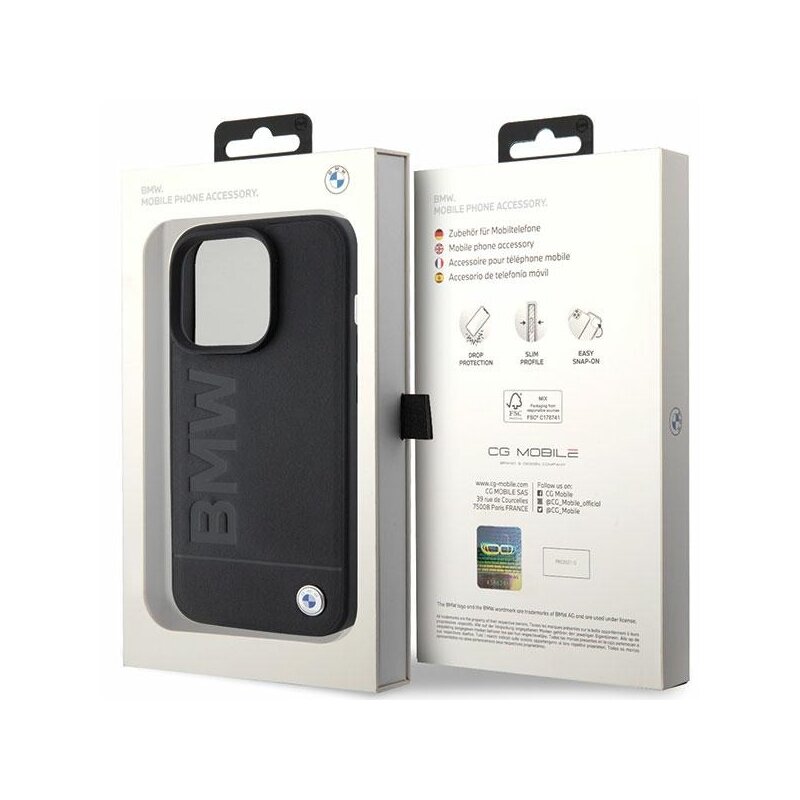 Husa BMW iPhone 15 Pro Natural Leather Hot Stamp, negru, BMHCP15LSLLBK
