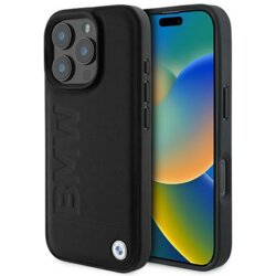 Husa BMW iPhone 16 Pro Natural Leather Hot Stamp, negru, BMHCP16LSLLBK