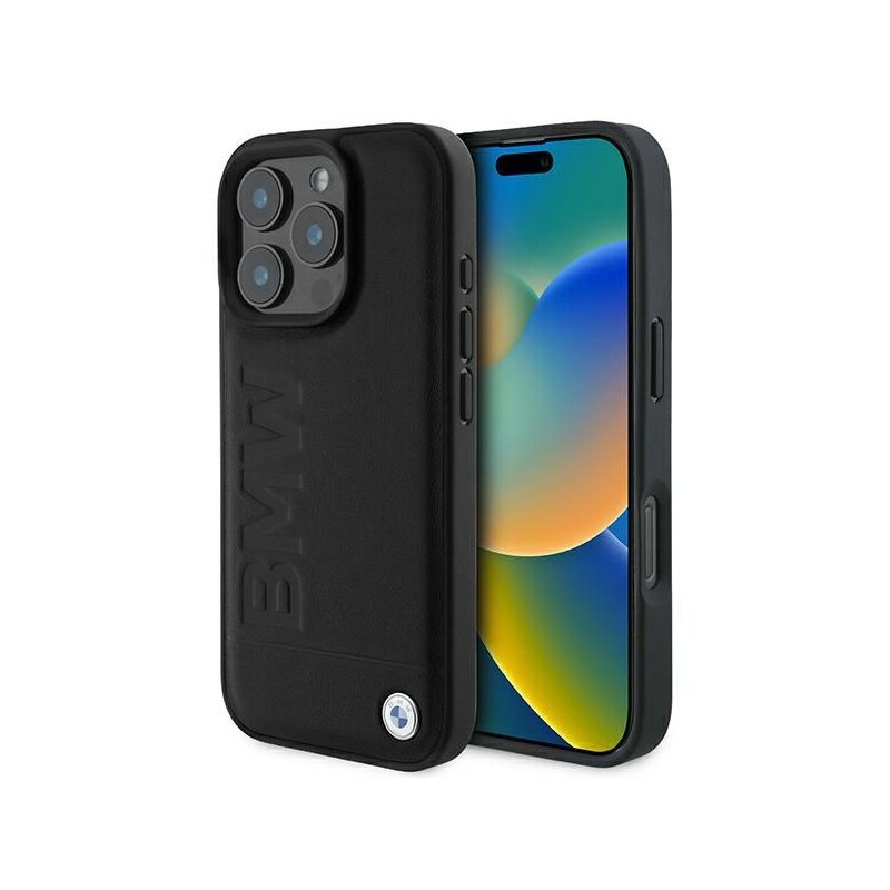 Husa BMW iPhone 16 Pro Natural Leather Hot Stamp, negru, BMHCP16LSLLBK