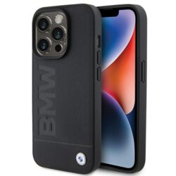 Husa BMW iPhone 15 Pro Natural MagSafe Leather Hot Stamp, negru, BMHMP15LSLLBK