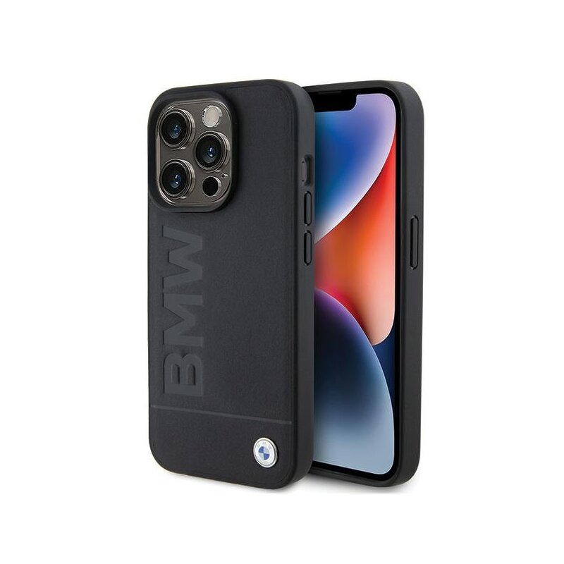 Husa BMW iPhone 15 Pro Natural MagSafe Leather Hot Stamp, negru, BMHMP15LSLLBK