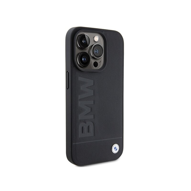 Husa BMW iPhone 15 Pro Natural MagSafe Leather Hot Stamp, negru, BMHMP15LSLLBK