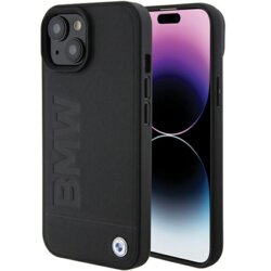 Husa BMW iPhone 15 Plus Natural MagSafe Leather Hot Stamp, negru, BMHMP15MSLLBK