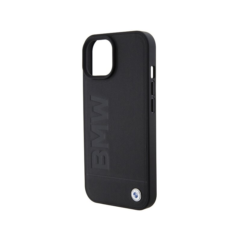 Husa BMW iPhone 15 Plus Natural MagSafe Leather Hot Stamp, negru, BMHMP15MSLLBK