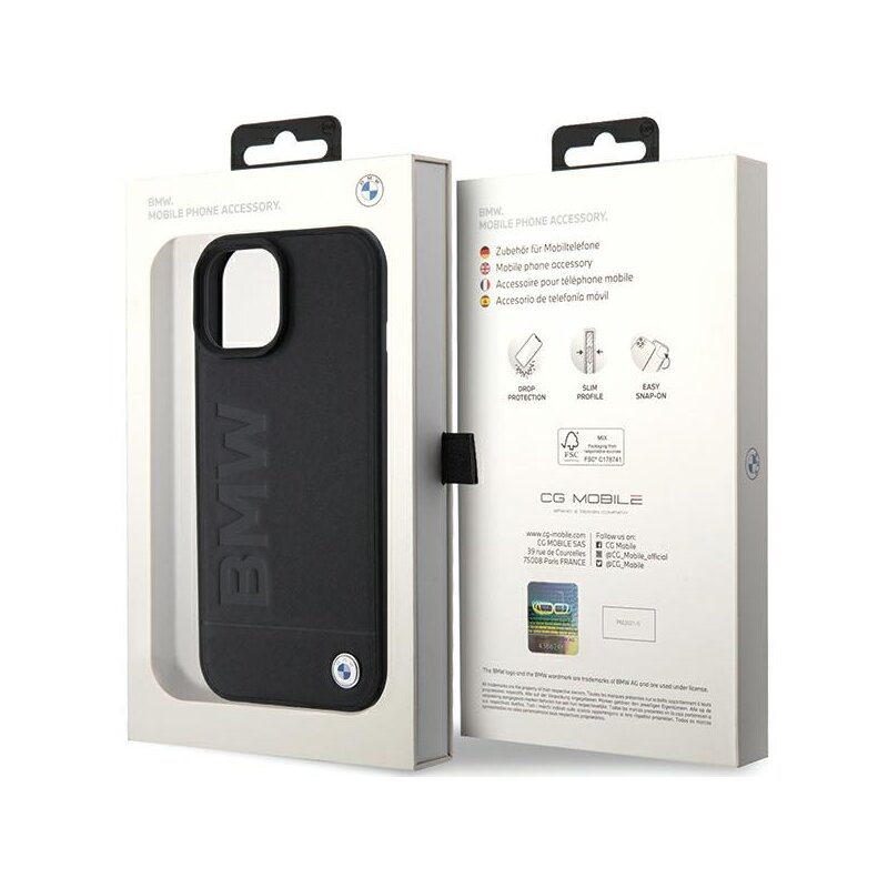 Husa BMW iPhone 15 Plus Natural MagSafe Leather Hot Stamp, negru, BMHMP15MSLLBK