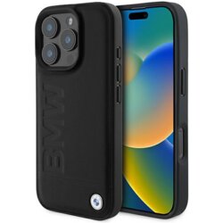 Husa BMW iPhone 16 Pro Max Natural Leather Hot Stamp, negru, BMHCP16XSLLBK