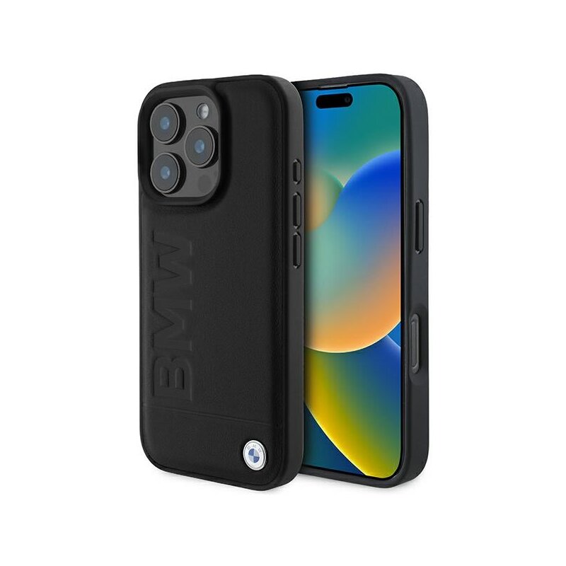 Husa BMW iPhone 16 Pro Max Natural Leather Hot Stamp, negru, BMHCP16XSLLBK