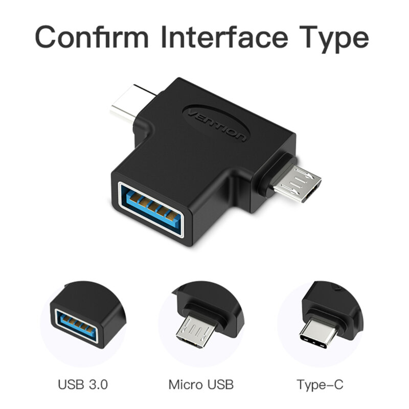 Adaptor Type-C, USB 3.0, Micro-USB, OTG, 5Gbps, Vention, negru