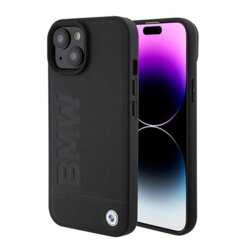 Husa BMW iPhone 15 Natural Leather Signature Logo Imprint, negru, BMHMP15SSLLBK