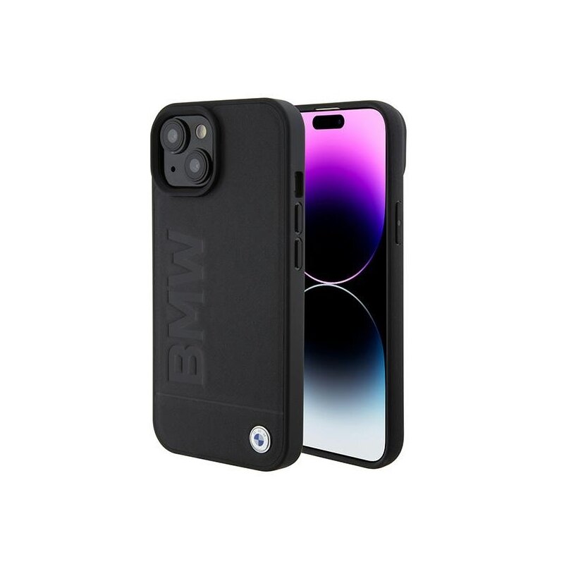 Husa BMW iPhone 15 Natural Leather Signature Logo Imprint, negru, BMHMP15SSLLBK