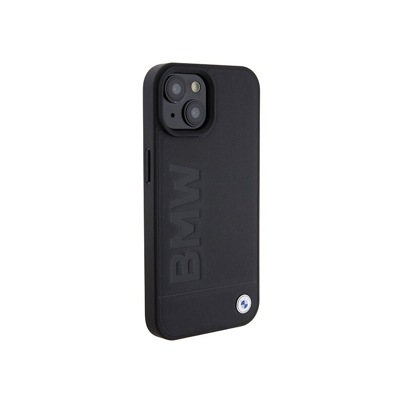 Husa BMW iPhone 15 Natural Leather Signature Logo Imprint, negru, BMHMP15SSLLBK