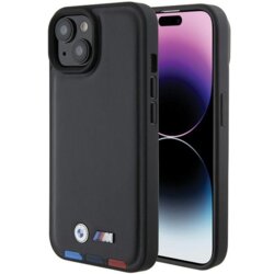 Husa BMW iPhone 15 Leather Stamp Tricolor, negru, BMHCP15S22PTDK