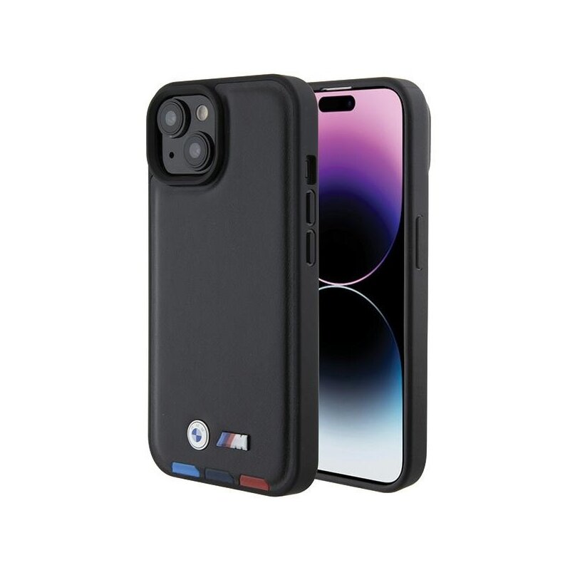 Husa BMW iPhone 15 Leather Stamp Tricolor, negru, BMHCP15S22PTDK