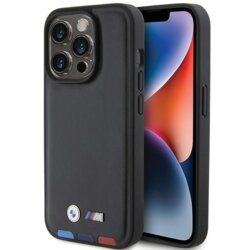 Husa BMW iPhone 15 Pro Leather Stamp Tricolor, negru, BMHCP15L22PTDK