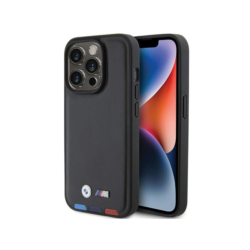 Husa BMW iPhone 15 Pro Leather Stamp Tricolor, negru, BMHCP15L22PTDK