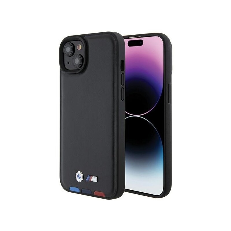 Husa BMW iPhone 15 Plus Leather Stamp Tricolor, negru, BMHCP15M22PTDK