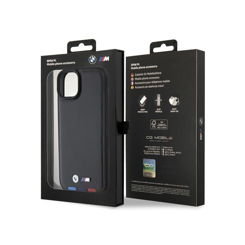 Husa BMW iPhone 15 Plus Leather Stamp Tricolor, negru, BMHCP15M22PTDK