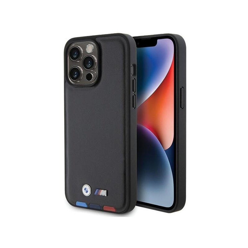 Husa BMW iPhone 15 Pro Max Leather Stamp Tricolor, negru, BMHCP15X22PTDK