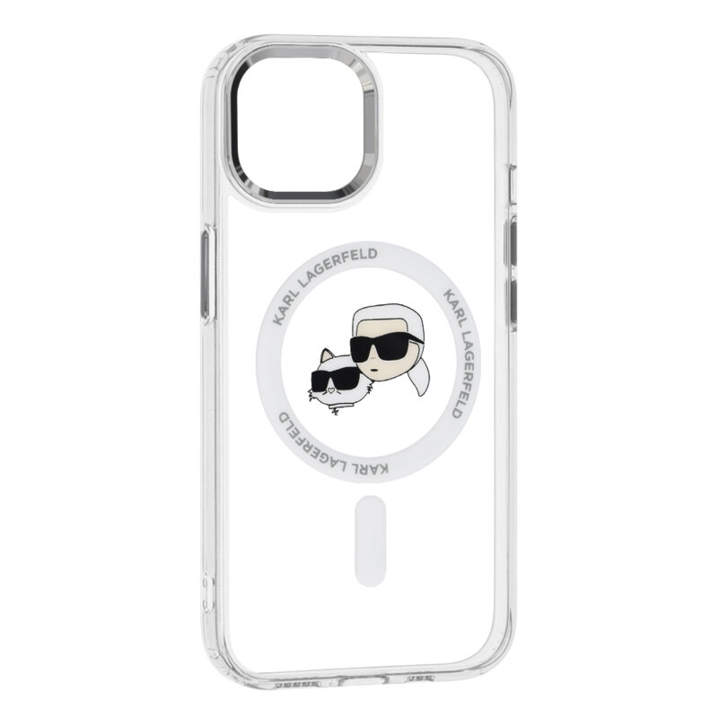 Husa iPhone 15 Karl Lagerfeld IML MagSafe, Metal Karl&Choupette Heads, alb, KLHMP15SHLSKCH